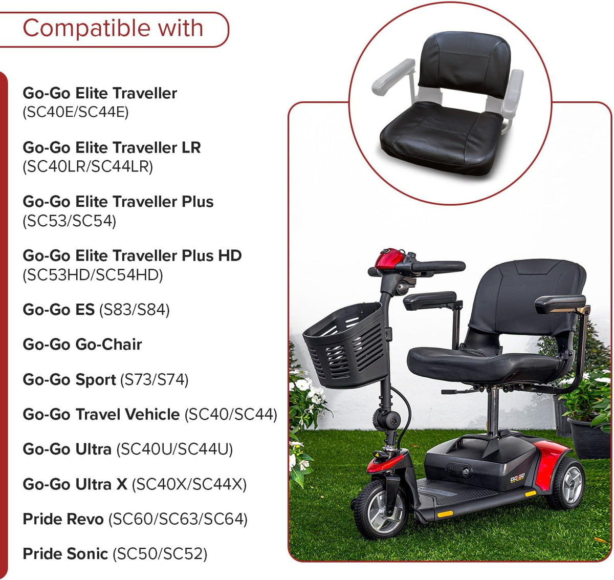 AlveyTech Black Seat Cover Set - Fits Go-Go Elite Traveller, LR, Plus HD, ES, GO-Chair, Ultra X, Pride Revo and Sonic Mobility Scooters, 3 & 4 Wheel Folding Electric Scooter Wheelchair Covers