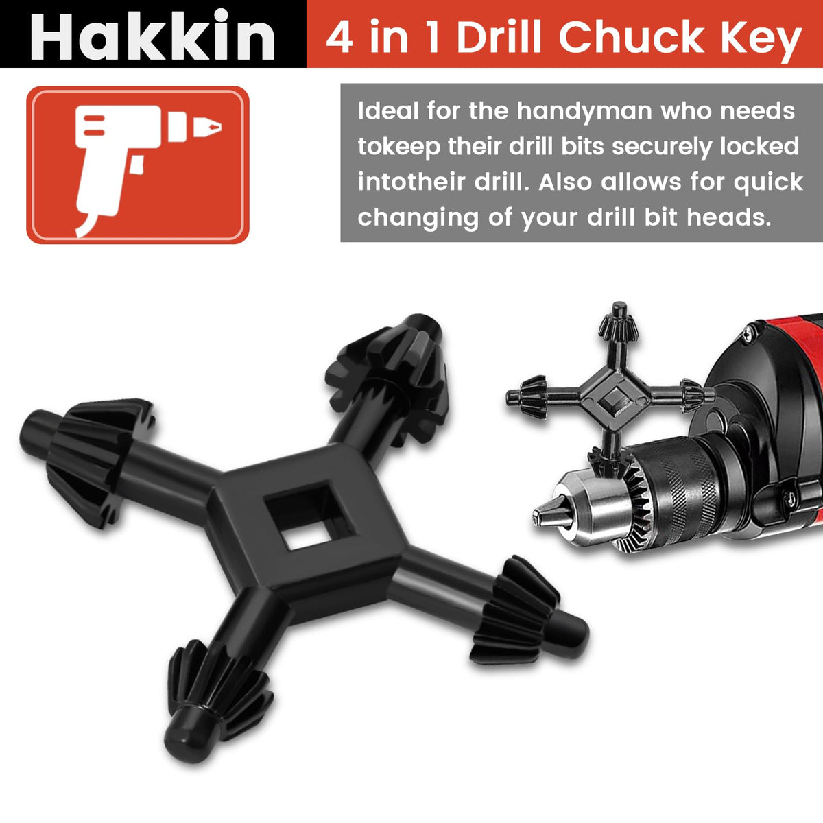 Hakkin 5Pcs Drill Press Chuck Key and Universal 4 Way Key, 3/4" 5/8" 1/2" 3/8" 1/4" Replacement Drill Chuck Key Wrench Electric Drill Clamping Tool with 4 in 1 Drill Chuck Wrench