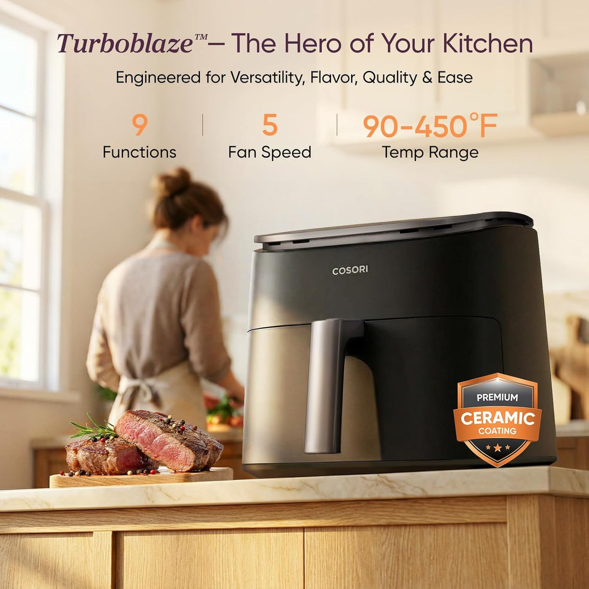 TurboBlaze Air Fryer, 9-in-1, 6 Qt, PFAS-Free Ceramic Coating | 90°–450°F, 5 Level Fan Speeds, 9 in 1 Air Fry, Roast