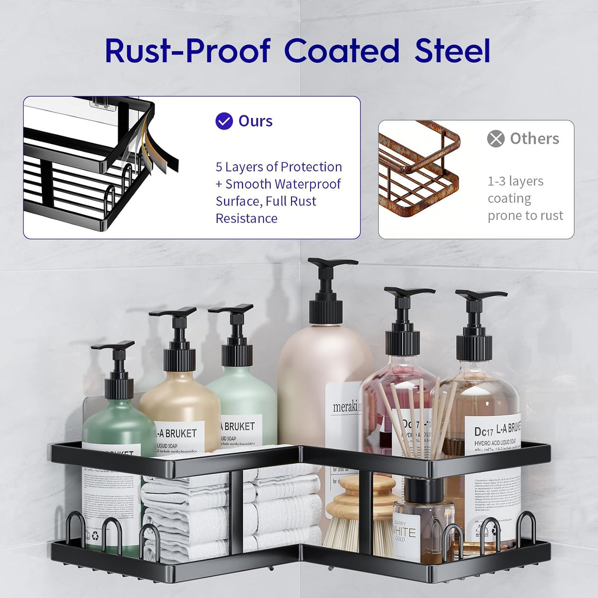 Shower Caddy Corner No Drilling-Adhesive, Shower Shelves-Rustproof | Organizer for Dorm. Black, 4-Pack - with Soap
