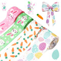 4 Rolls Easter Ribbon Wired,Easter Eggs, Carrots, Rabbits Ribbon,2.5 Inch 15 Yards Wrapping Fabric Spring Colorful