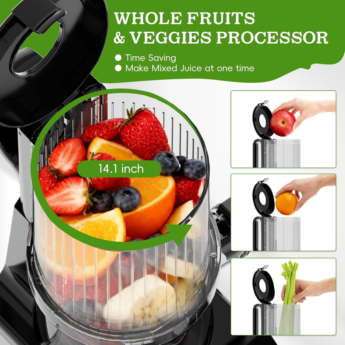 Cold Press Juicer, Wide Feed Chute Masticating Juicer, Silver Knob | Stainless Steel Body, Make Ice Cream & Nut Milk