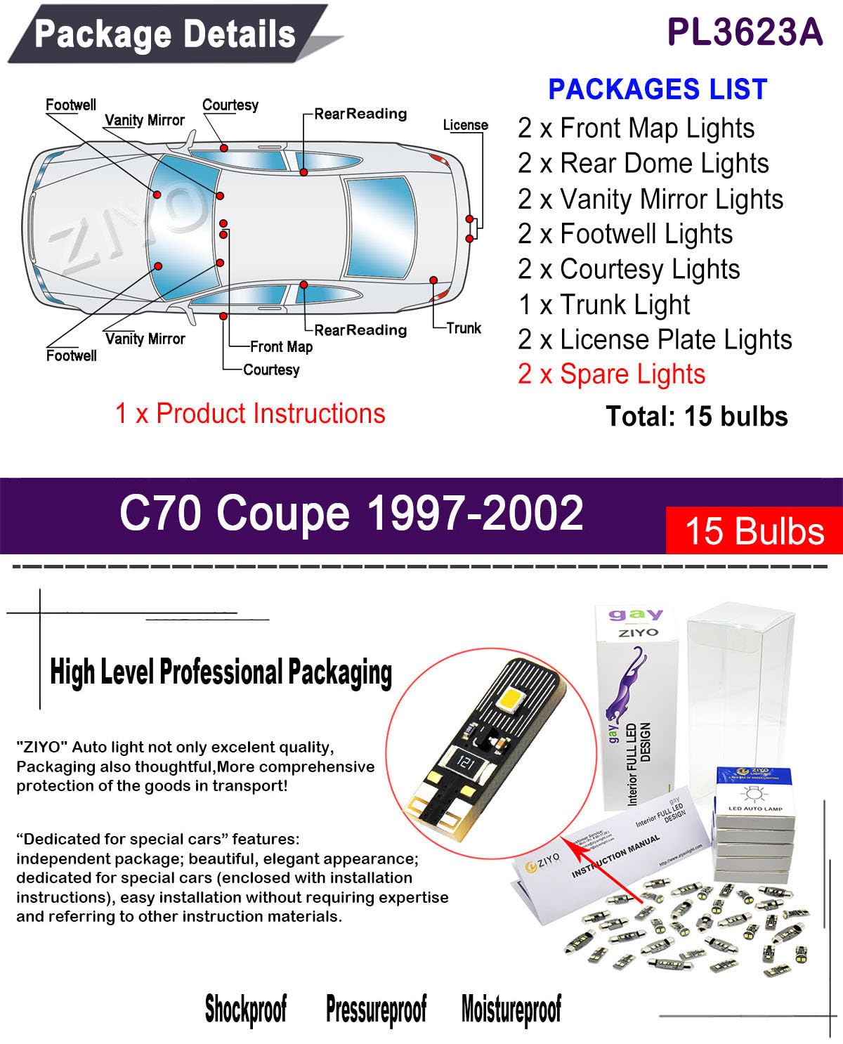 ZIYOLIGHT - PL3623A Replacement for Volvo C70 Coupe 1997-2002 LED Interior Light kit Accessories Package, 6000K White Dome Light Bulbs Upgrade (15 Bulbs)
