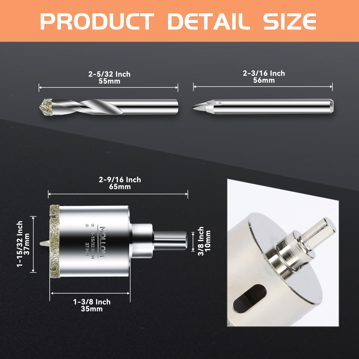 MOLLOM 1-15/32" (37mm) Diamond Hole Saw with 2 Pilot Drill Bit