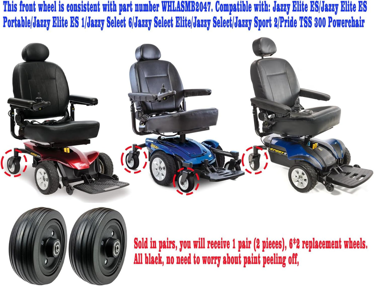 6"x2" Rear Caster Wheel Assembly for Jazzy Select, Jazzy Select Elite, and Pride TSS 300 (WHLASMB2047),Replacement Power Chair Wheels W/Solid Tires and W/Bearings,WHLASMB2047,Black 1Pr.