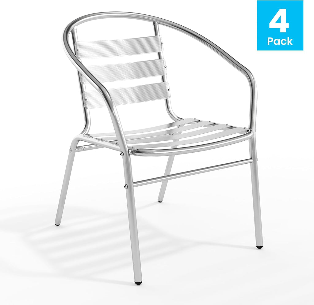 Lila 4 Pack Commercial Aluminum Indoor-Outdoor Restaurant Stack Chair with Triple Slat Back and Arms