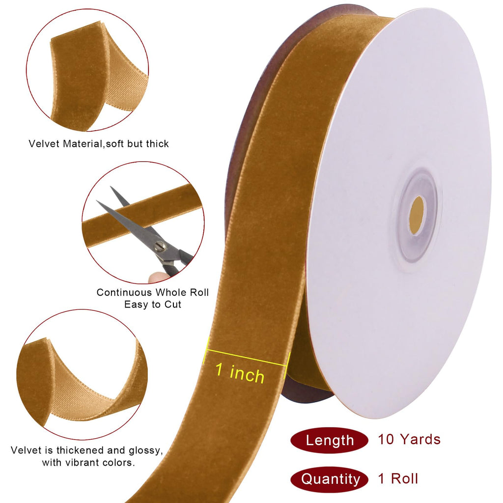 10 Yards Light Brown Velvet Ribbon for Christmas Tree, 1 Inch