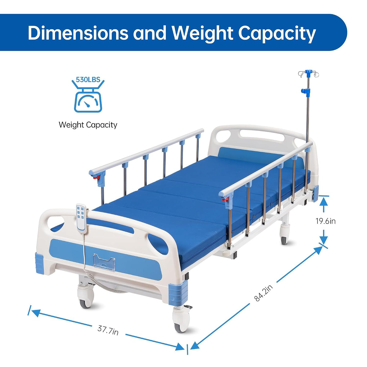 Hospital Bed Electric 2 Function, 5-Inch Locking Casters for Home Hospital Use, 530LBS Loading, with IV Pole, Bed