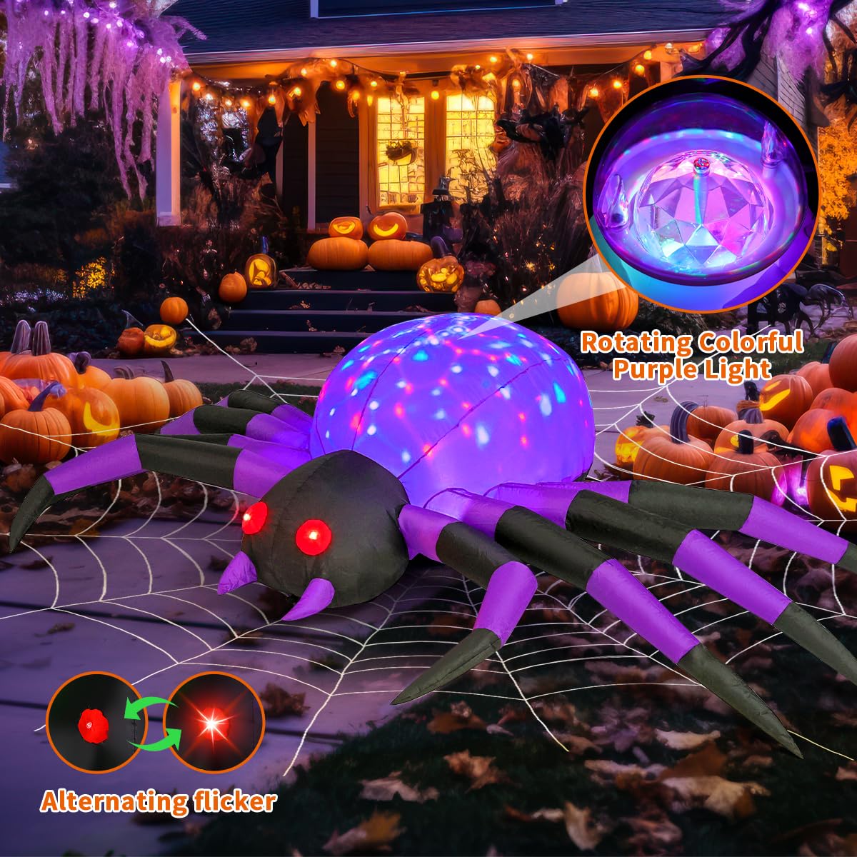 9FT Halloween Inflatables Decorations Purple Spider Yard LEDs Decor