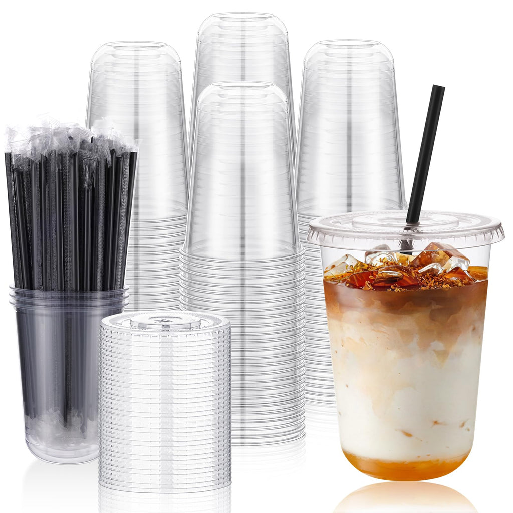 150 Set 16oz Clear Plastic Iced Coffee Cups with Lids and Straws