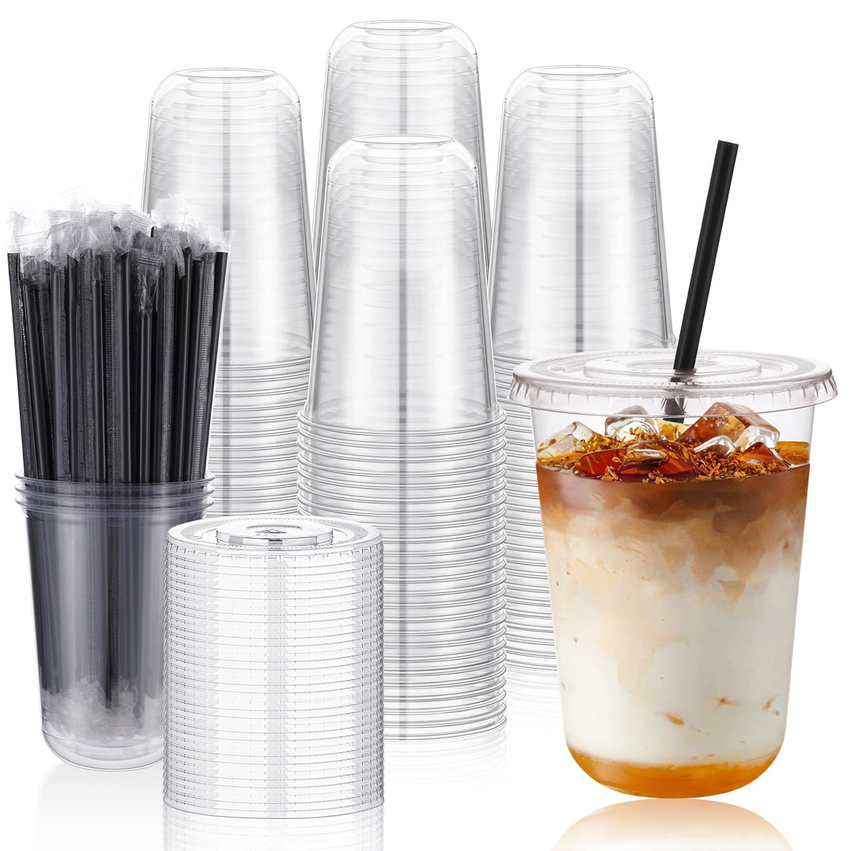 150 Set 16oz Clear Plastic Iced Coffee Cups with Lids and Straws