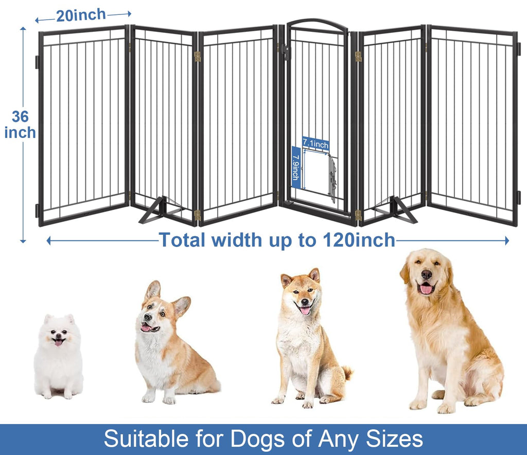 36" Tall x 120" Freestanding Heavy-Duty Steel Folding Pet & Dog Barrier Gate with Support Feet for Wide Indoor Openings, Hallways & Stairs