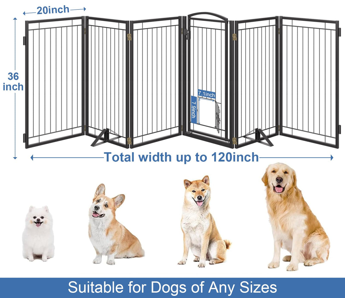 36" Tall x 120" Freestanding Heavy-Duty Steel Folding Pet & Dog Barrier Gate with Support Feet for Wide Indoor Openings, Hallways & Stairs