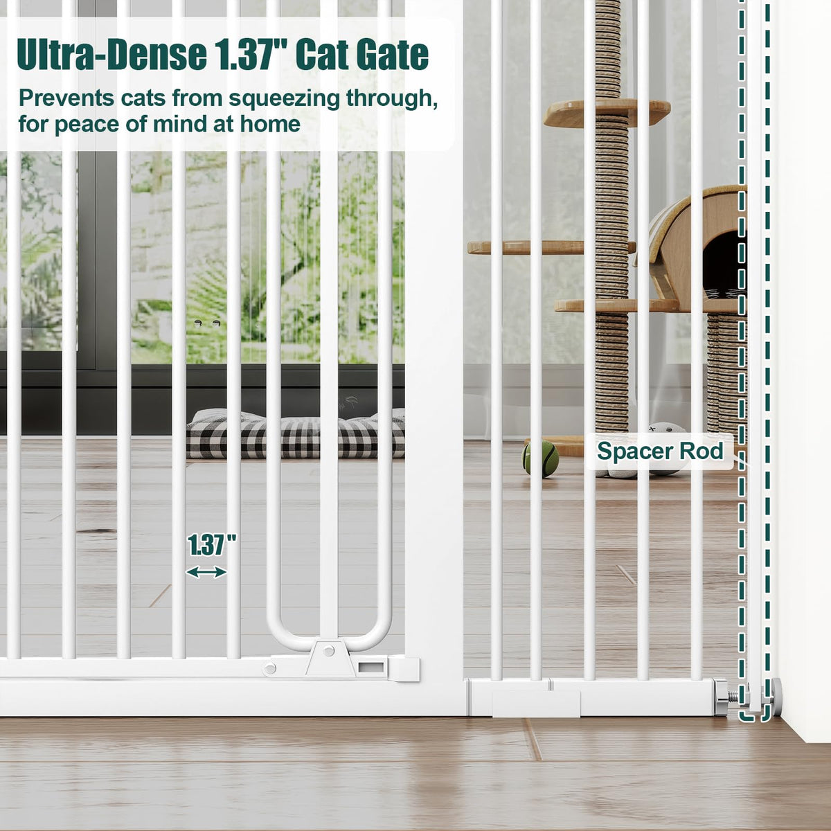 51" x 29.7-46" Wide Extra-Tall Full-Height Anti-Jump Cat & Pet Safety Gate with Narrow Bar Spacing & Double-Lock Walk-Through Door for Doorways & Stairs