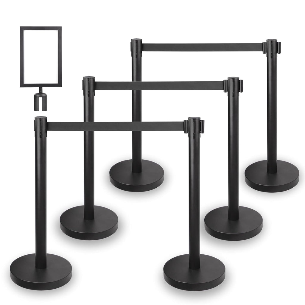 Crowd Control Stanchions w/Retractable Belt Sign Topper 6 Pack