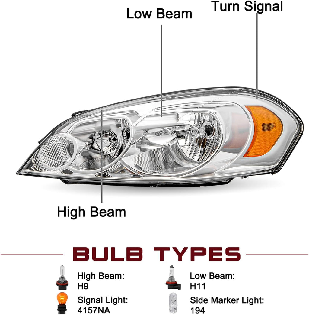 JSBOYAT Headlight Assembly Fit for 2006-2013 Chevy Impala