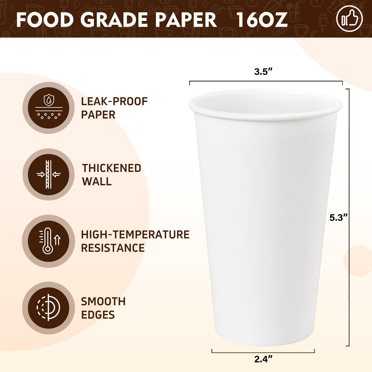 16 oz 500 Pack White Disposable Paper Coffee Cups