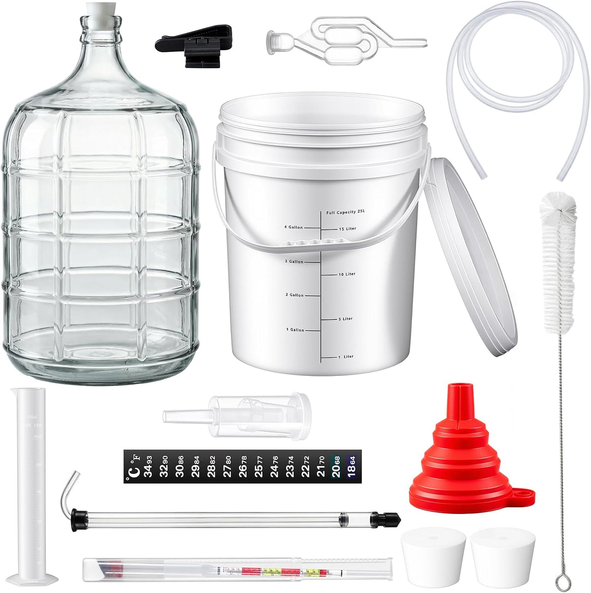 Wine Making Kit Include 3Gallon Carboy, 5Gallon Bucket and Lid, Automatic Siphon, Hydrometer, Alcohol Percentage