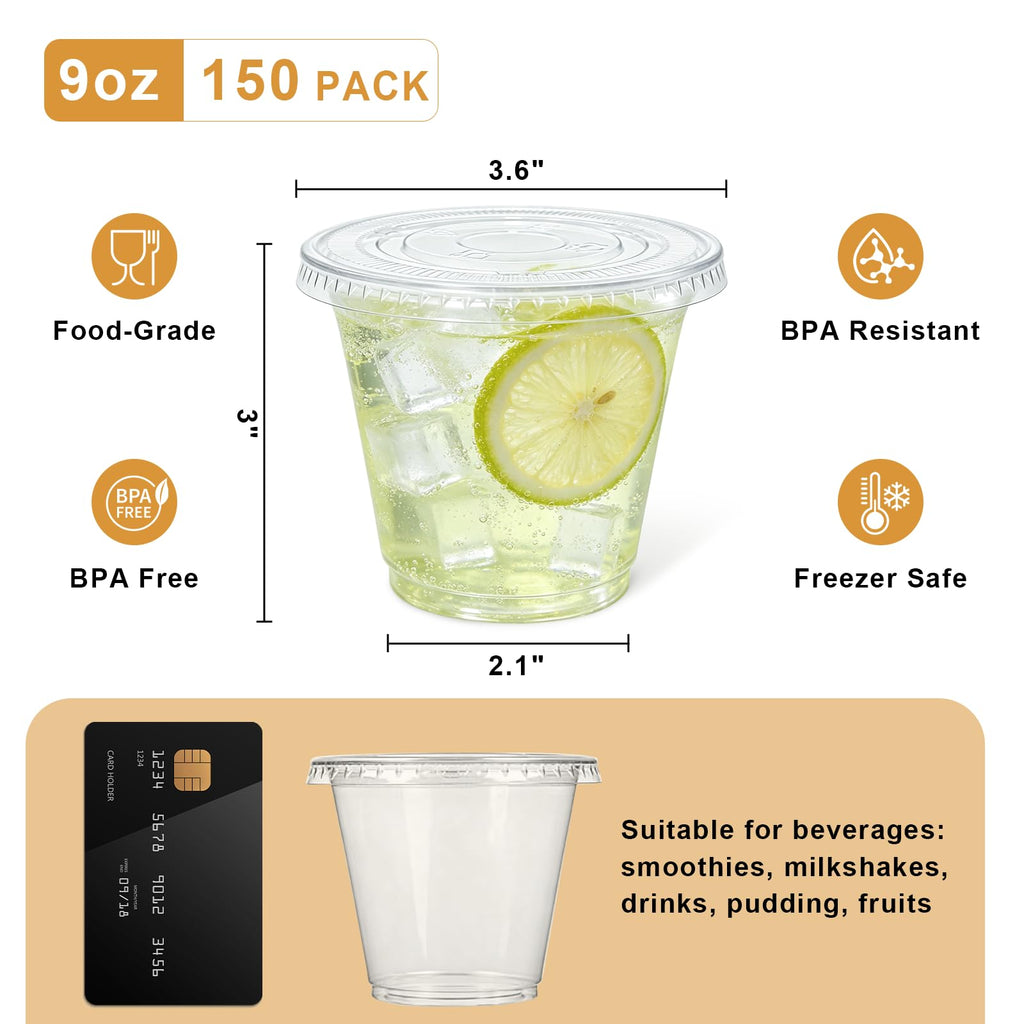 150 Pack 9 oz Clear Plastic Cups with No Hole Flat Lids, Disposable Cups with Lids for Desserts, Snacks, Parfait