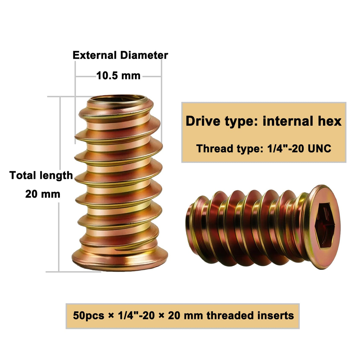 1/4"-20 Internal Hex Drive Threaded Inserts for Wood - 50 Pieces