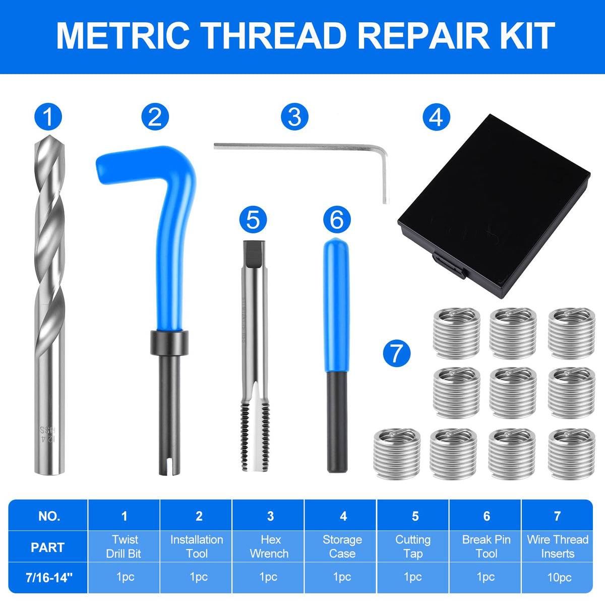 KUNGJUER 15PC SAE Helicoil Thread Repair Insert Kit, 7/16-14 inch Rethread