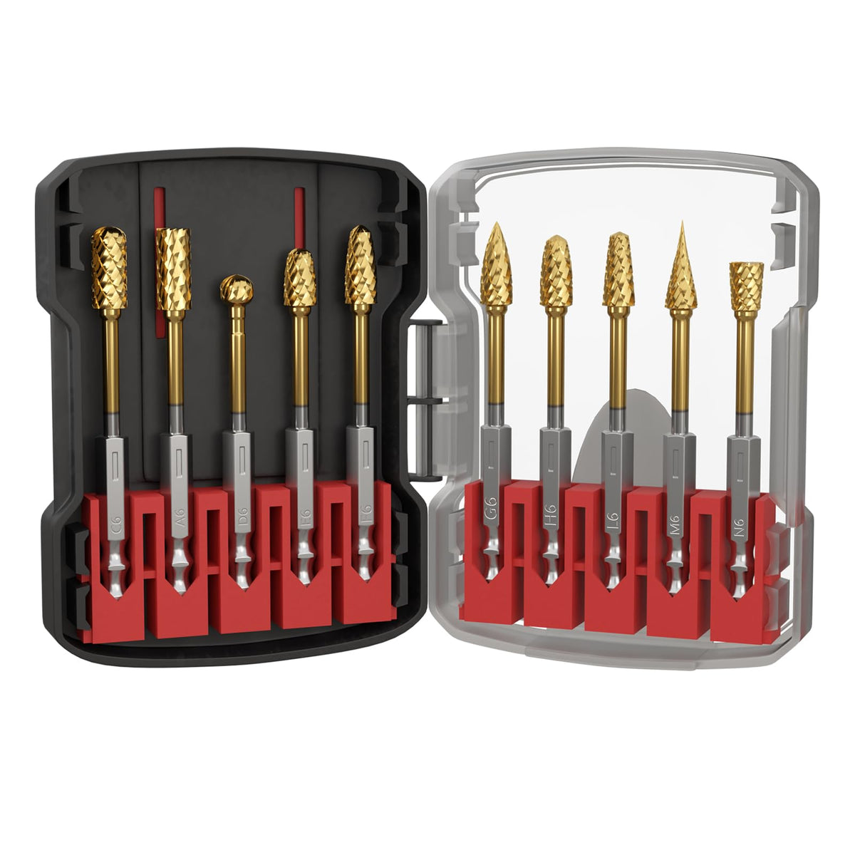 CSOOM 10PCS Titanium Gold Carbide Burr Set, 1/4" Hex Quick-Change Shank, Die Grinding Bits for Metal, Wood, Stone and Engraving