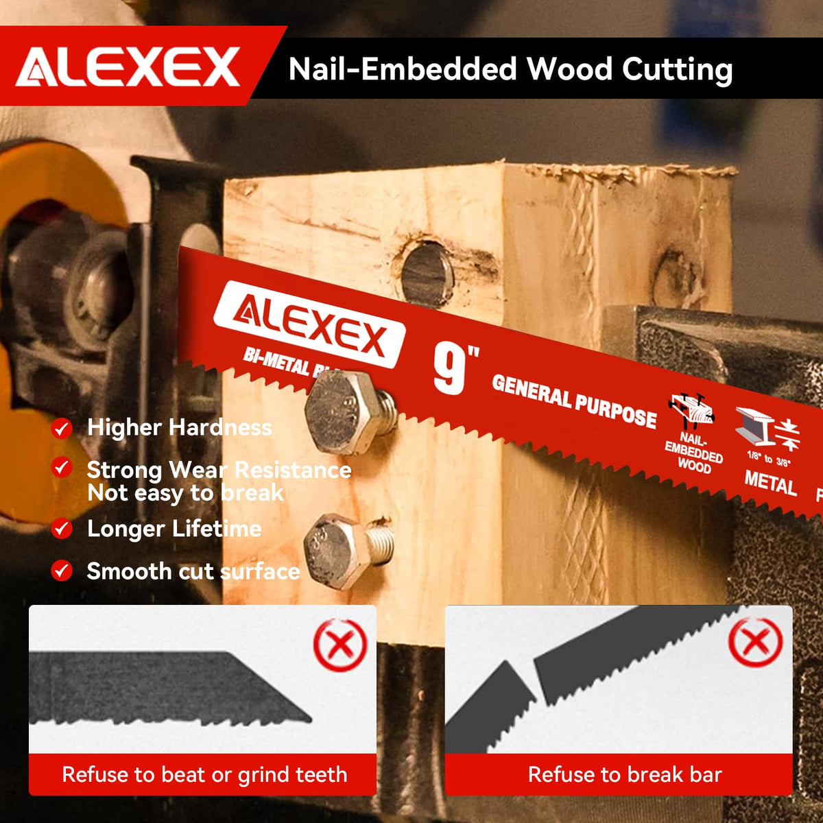 10 Pack 9Inch 8/12 TPI Reciprocating Saw Blades for Nail-Embedded Wood Demolition, Bi-Metal Blades for General Purpose Cuts, Wood Cutting, Metal and PVC Pallets, Compatible with Diablo Sawzall Blades