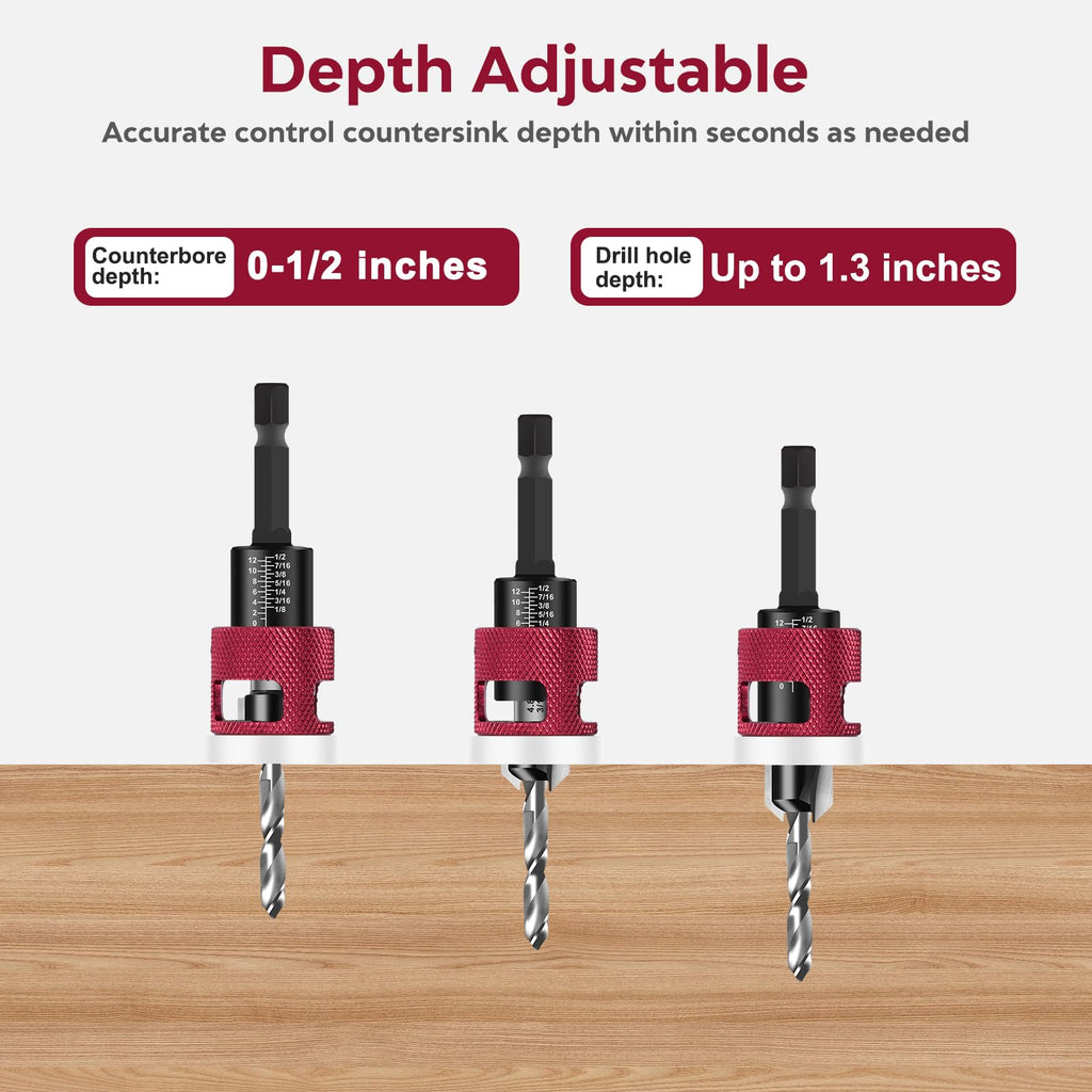 7 Pcs Countersink Drill Bit Set - 5‑Pcs Replaceable 2-Flute TCT Tapered Drill Bits with Low‑Friction Adjustable Depth Stop, 1/4” Hex Shank for Woodworking Tools & Hand Tools