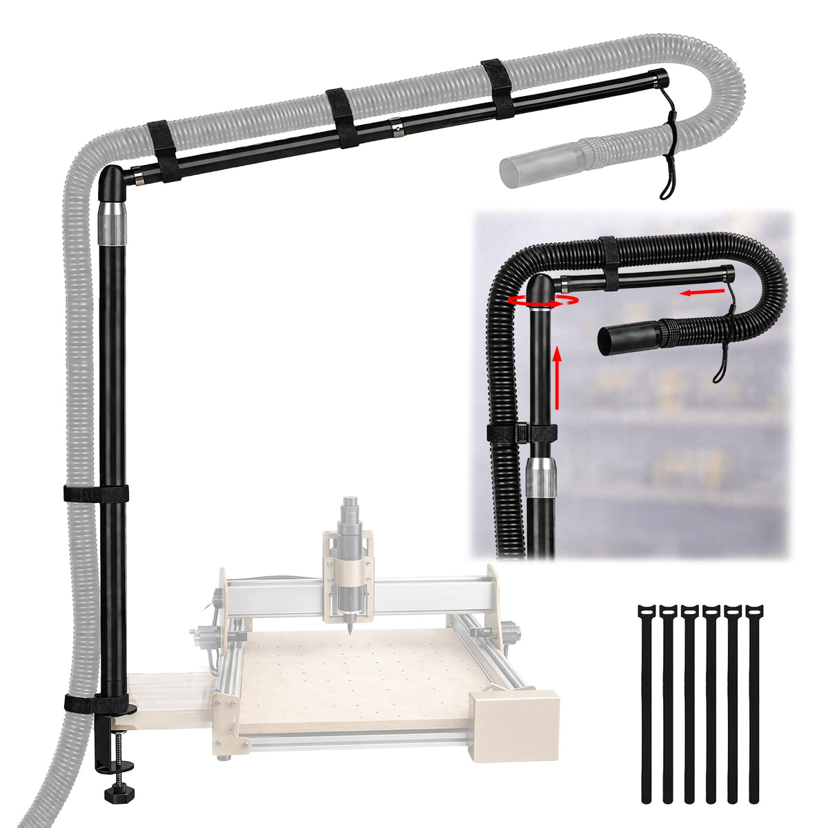 Dust collection boom arm, Adjustable Clamp Mount Hose Holder with 360° Rotatable Swivel Head & Two 40cm Extension Arms for CNC Lathe Woodworking Table Saw Router Table Dust Collection System