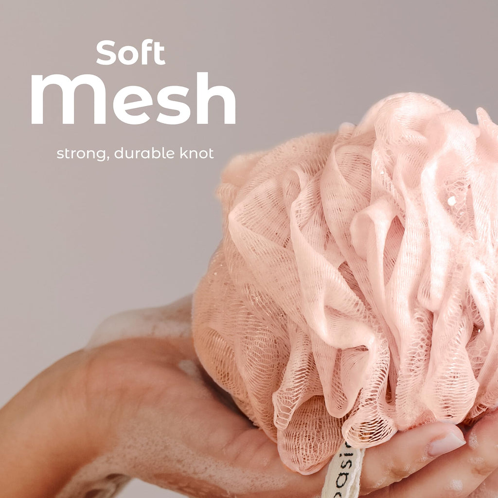 Shower Loofah Sponge Pouf, Set of 3, Earthy Love