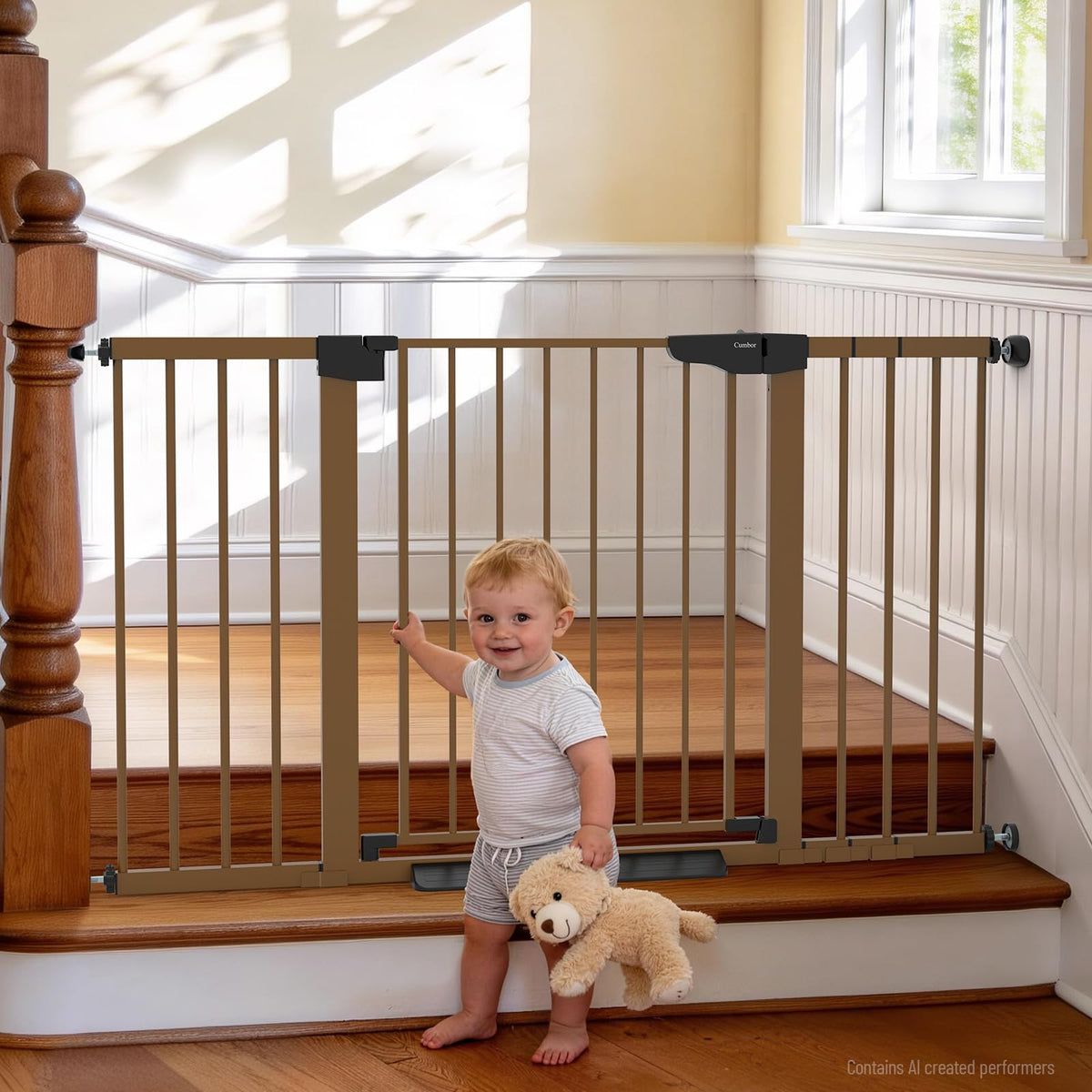 30-54" Extra-Wide Adjustable Hardware/Pressure-Mounted Pet & Child Safety Gate with Auto-Close Walk-Through Door for Stairs, Hallways & Wide Doorways — Brown