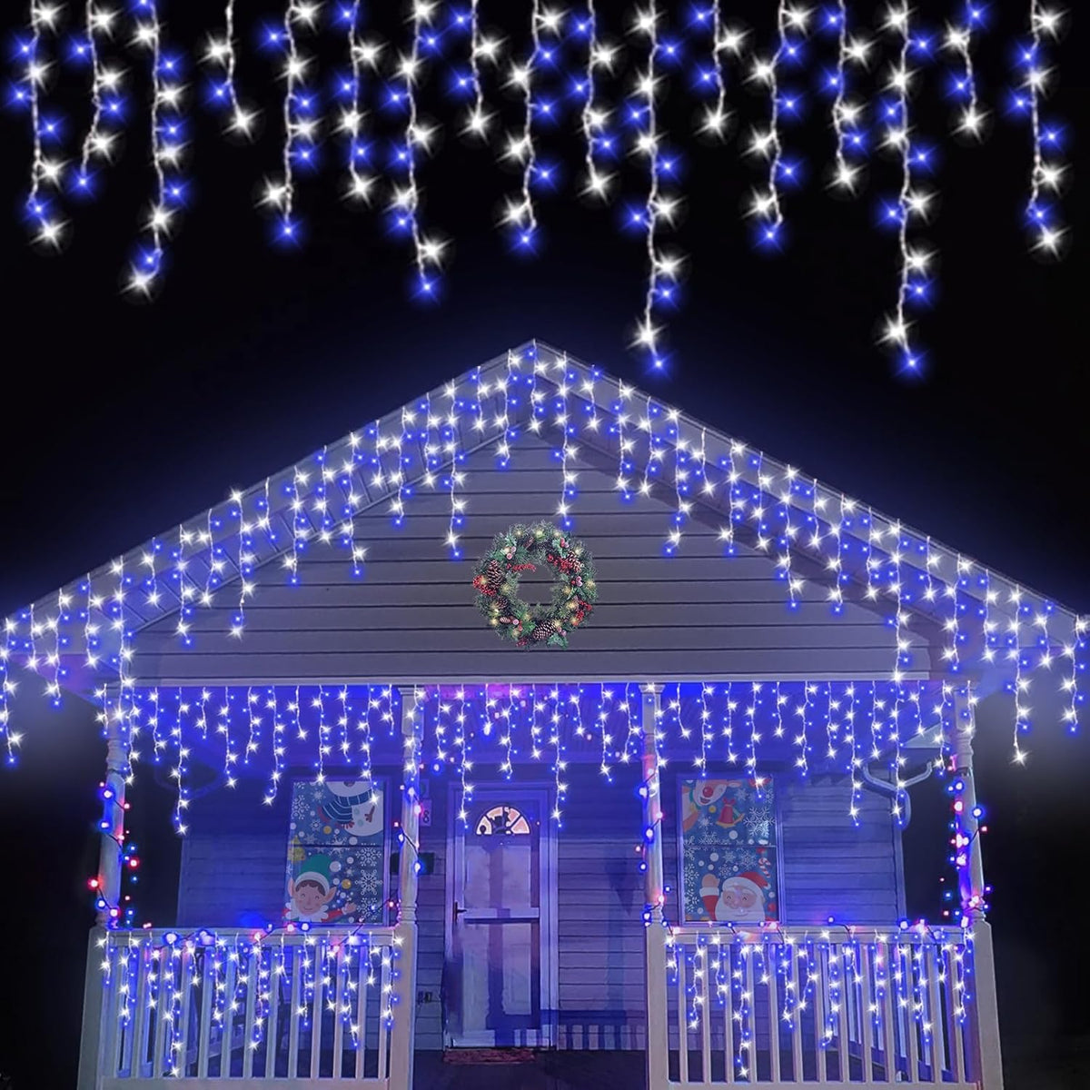 Blue and White Icicle Lights for Outside, 33ft 400 LED String Light Indoor Plug in, 8 Modes Connectable Icicle
