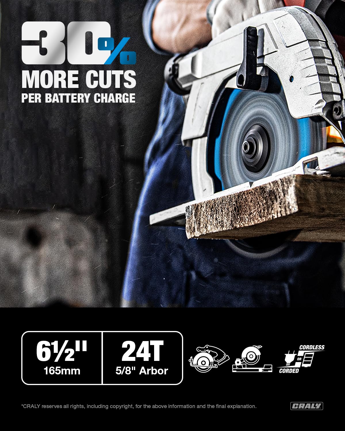 CRALY 6-1/2 Inch 24 Teeth Wood Cutting Framing Circular Saw Blade, 5/8 Inch Arbor, Carbide Tipped, Thin Kerf, Black Ice, for Plywood, MDF, OSB, Laminated, 10-Pack(C0624FR-10)