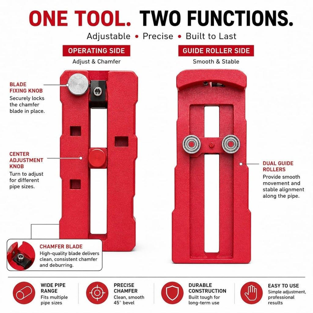 Adjustable PVC Pipe Deburring Tool 1/2"–4", Professional Pipe Chamfer Tool with Dual Guide Rollers, Replaceable Blade & Precision Cutting for PVC CPVC ABS PE Pipes