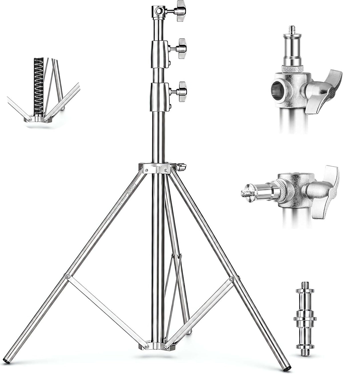 9.2ft/2.8m Stainless Steel Light Stand, Spring Cushioned Heavy Duty Photography Tripod Stand with 1/4” to 3/8”