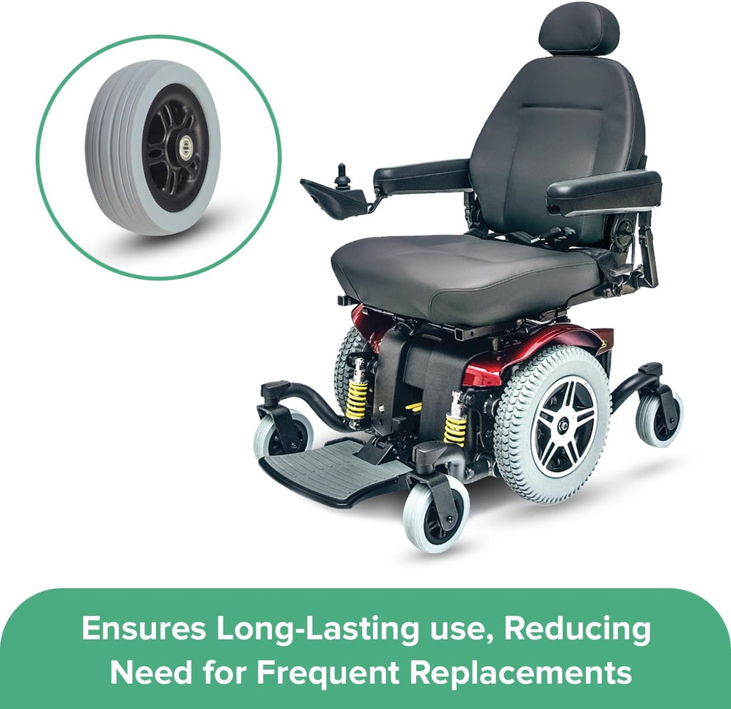 AlveyTech 6"x2" (150x50) Front Anti-Tip/Rear Caster Wheel for Jazzy 614 & 614 HD Power Chairs - Replacement Power Chair Wheels with Solid Flat-Free Gray Ribbed Tire and 608ZZ Bearings (WHLASMB81827)