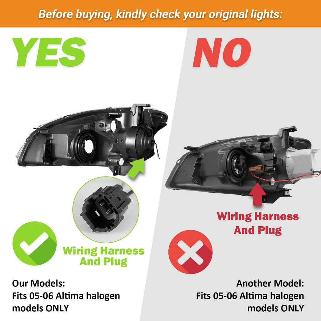 WEELMOTO Headlights Assembly for 2005-2006 Nissan Altima Black Halogen