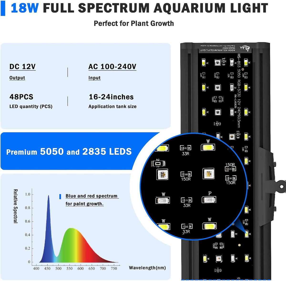 Clip On Aquarium Light, 24/7 & DIY Mode Full Spectrum Fish Tank Light