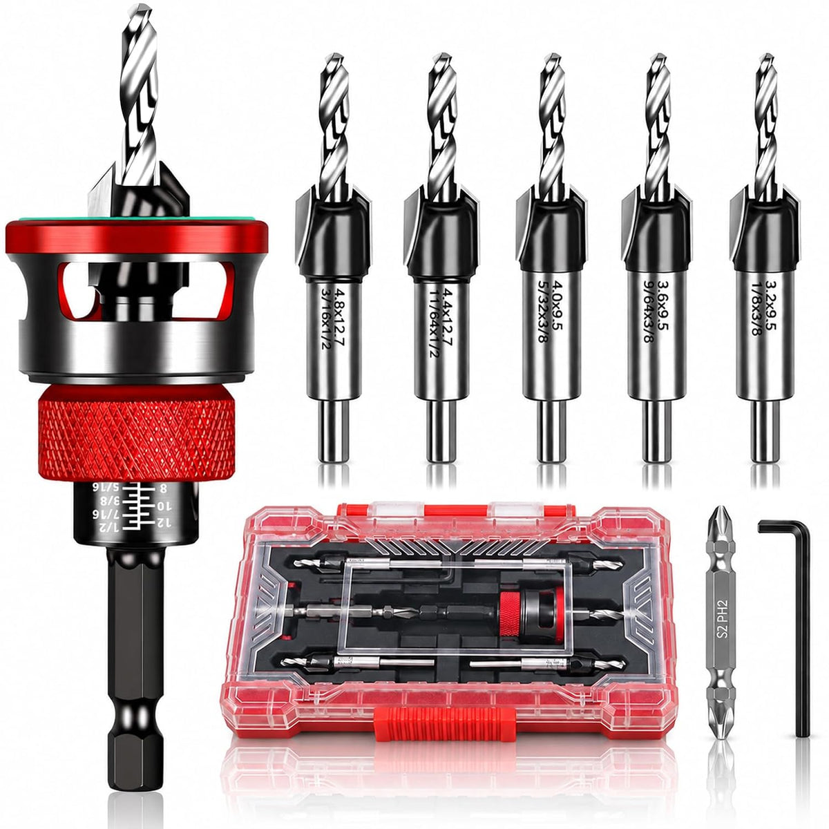 9PCS Countersink Drill Bit Set with Adjustable Depth Stopper
