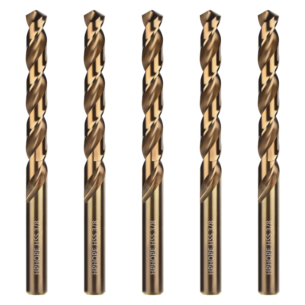 3/8 Inch HSS Twist Drill Bits 5Pcs, HPHOPE 3/8" Jobber Drill Bits Set, Straight Round Shank, Suitable for Drilling in Hard Metal, Stainless Steel, Cast Iron