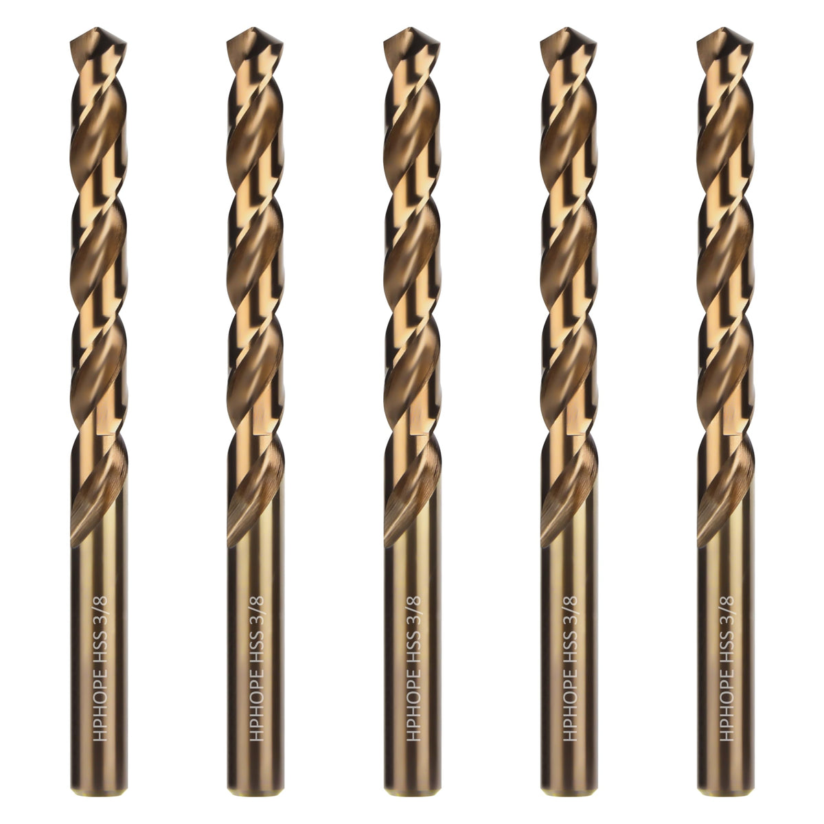 3/8 Inch HSS Twist Drill Bits 5Pcs, HPHOPE 3/8" Jobber Drill Bits Set, Straight Round Shank, Suitable for Drilling in Hard Metal, Stainless Steel, Cast Iron