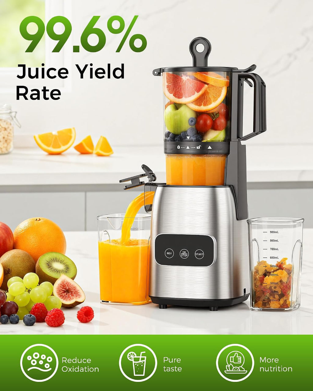 Cold Press Juicer, Advanced Touch Controls Juicer Machines with 5.4" Wide Feed Chute, Quiet Motor High Juice Yield