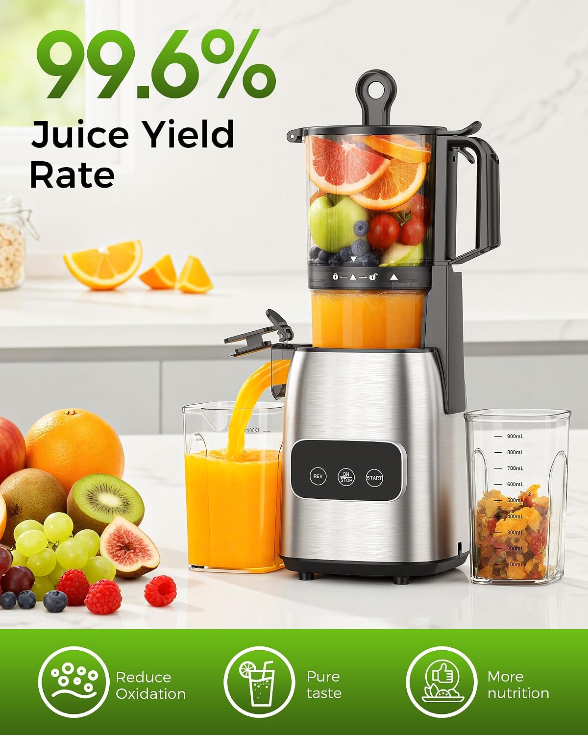 Cold Press Juicer, Advanced Touch Controls Juicer Machines with 5.4" Wide Feed Chute, Quiet Motor High Juice Yield