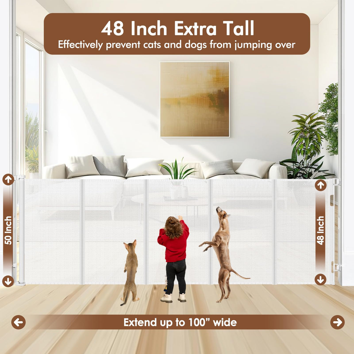 48" x 100" Extra-Wide Retractable Indoor Mesh Pet & Child Safety Gate with One-Hand Safety Lock for Wide Openings, Patios & Stairways