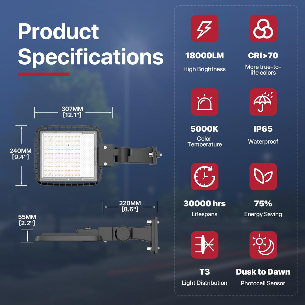 Kifflux 150W Led Parking Lot Light Adjustable Arm Mount 18000LM Flood Light