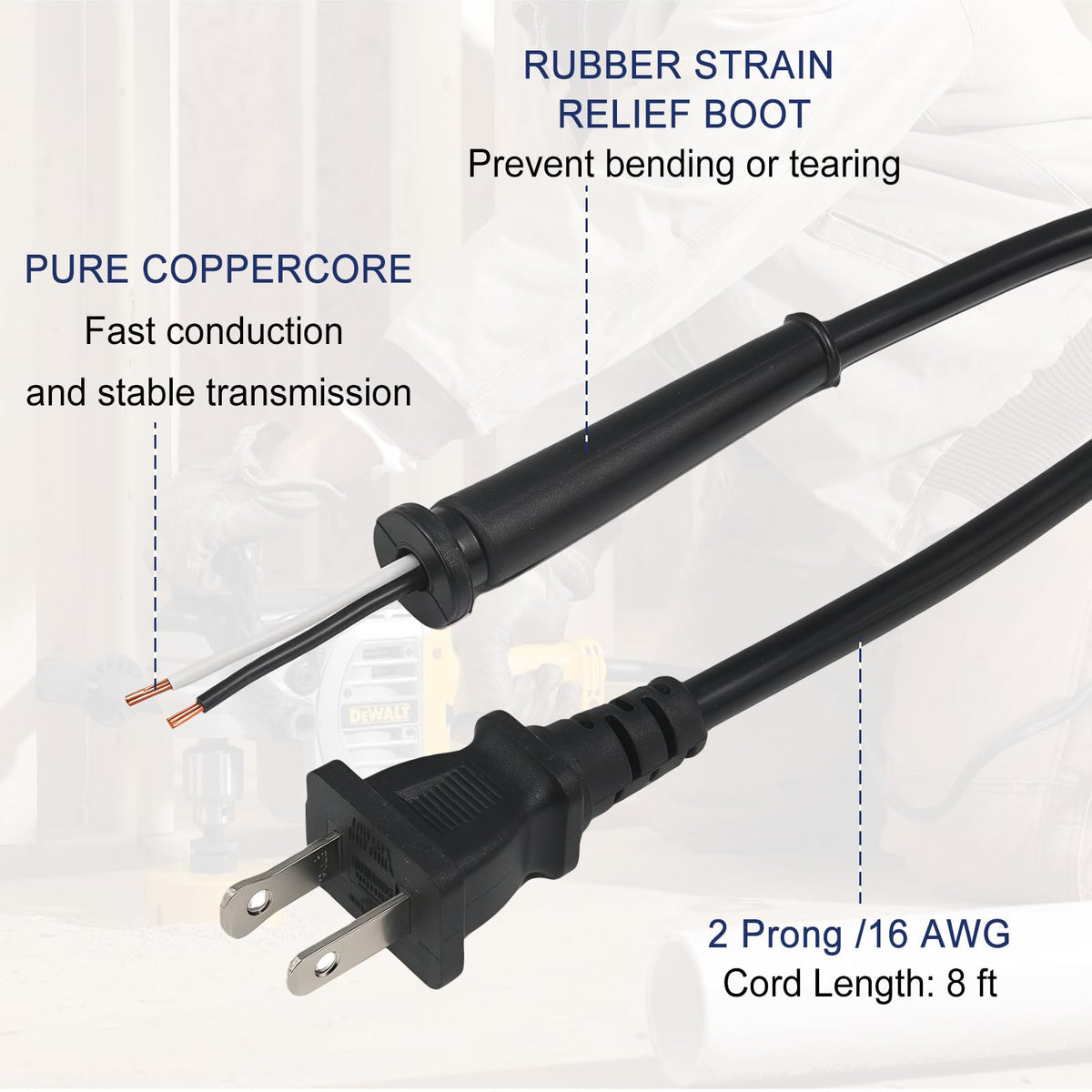 16 AWG 8Ft 2 Wire Power Tool Replacement Cord Fit Drills Grinders Miter Saw