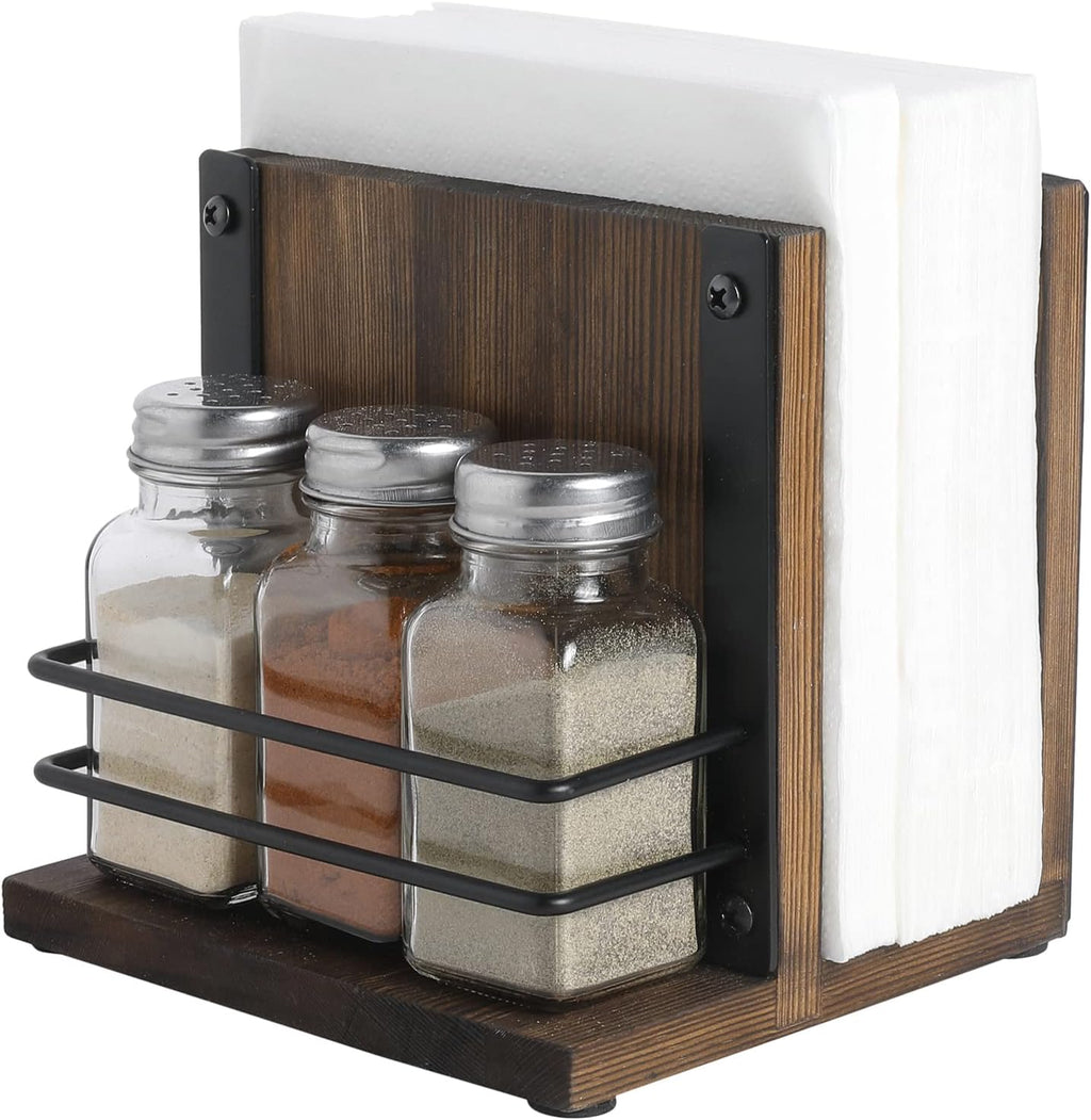 Modern Wooden and Metal Napkin Holder Caddy with 3 Glass Shakers