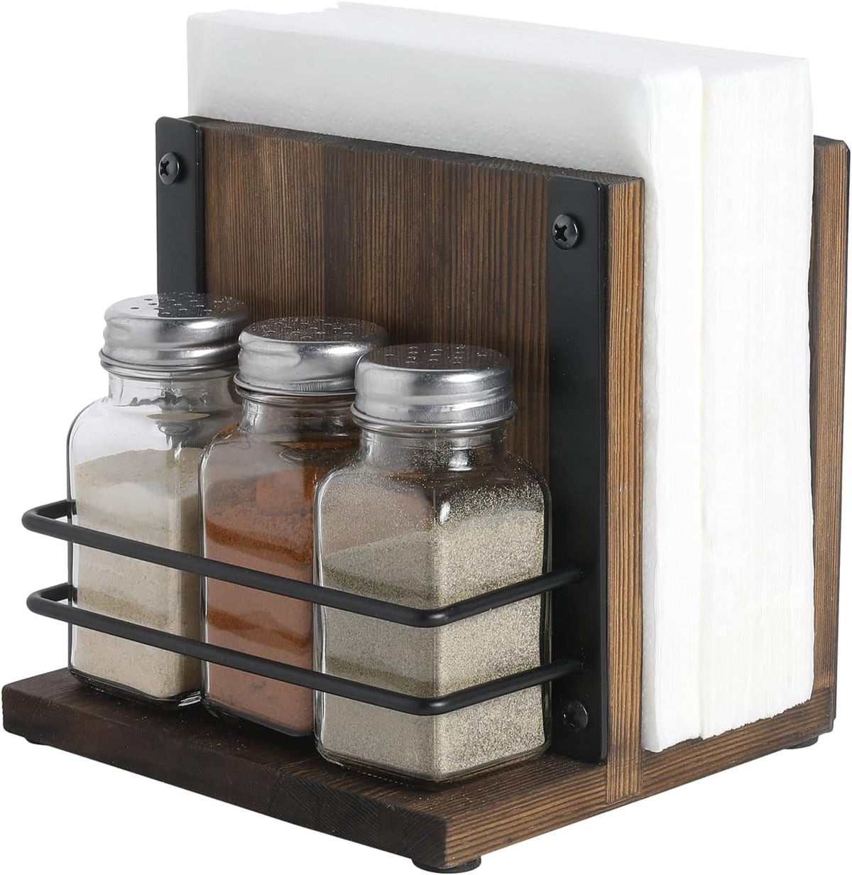 Modern Wooden and Metal Napkin Holder Caddy with 3 Glass Shakers