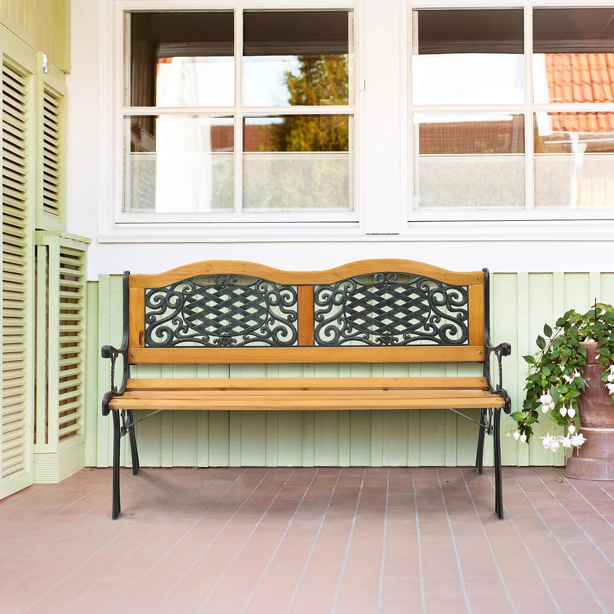 Classic Cast Iron & Teak Arched Back Rectangular Outdoor Bench, 3-Seater, 470 lbs Capacity, Easy Assembly, Weather