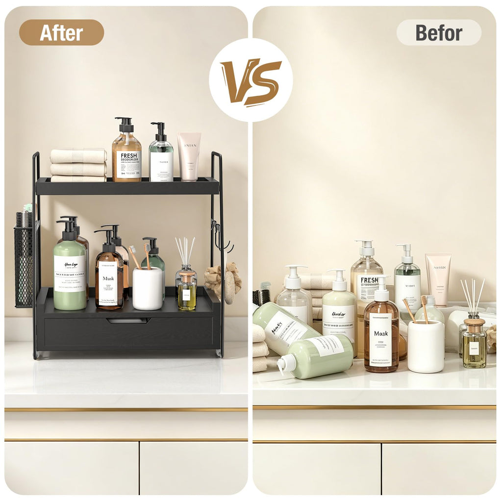 2-Tier Bathroom Counter Organizer with Drawer, Wood Counter Storage Shelf